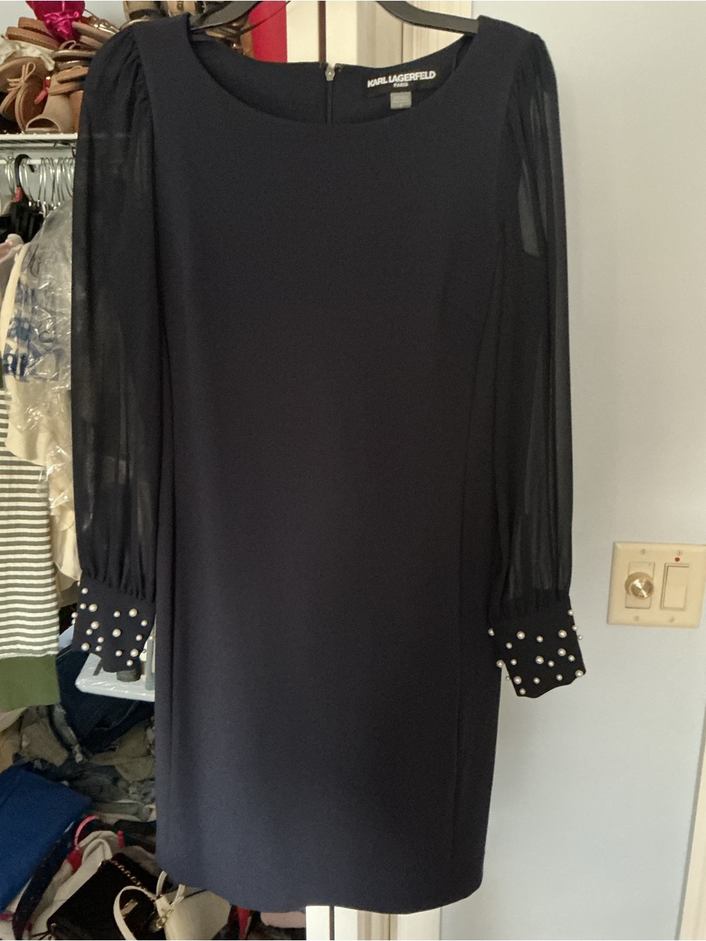 Karl Lagerfeld Navy Long-Sleeve Shift Dress with Pearl Cuffs